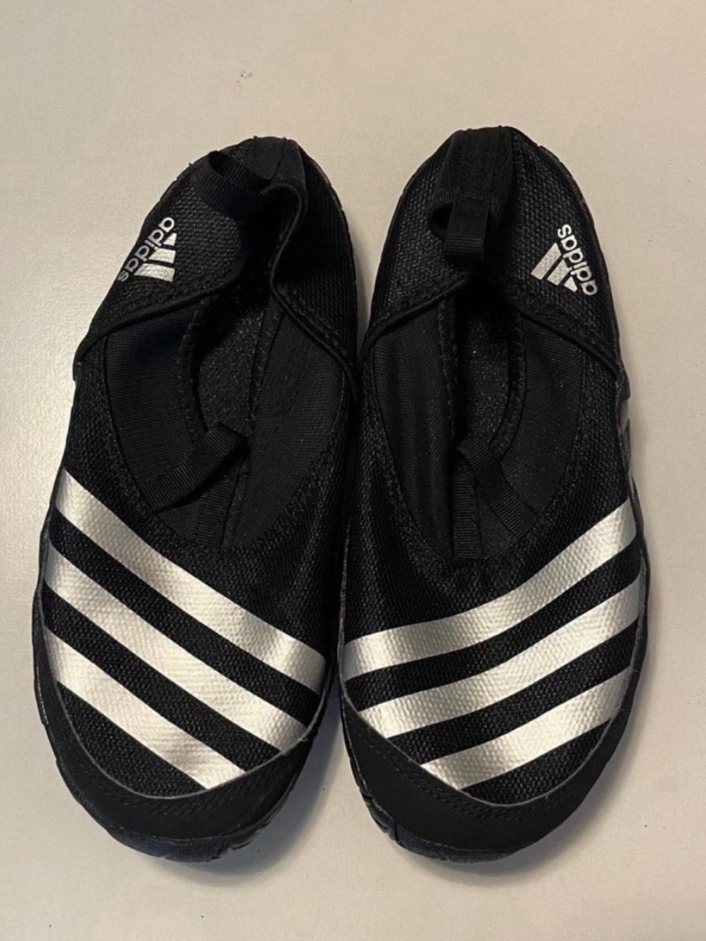 adidas Kids Black Slip-On Water Shoes with Silver Stripes